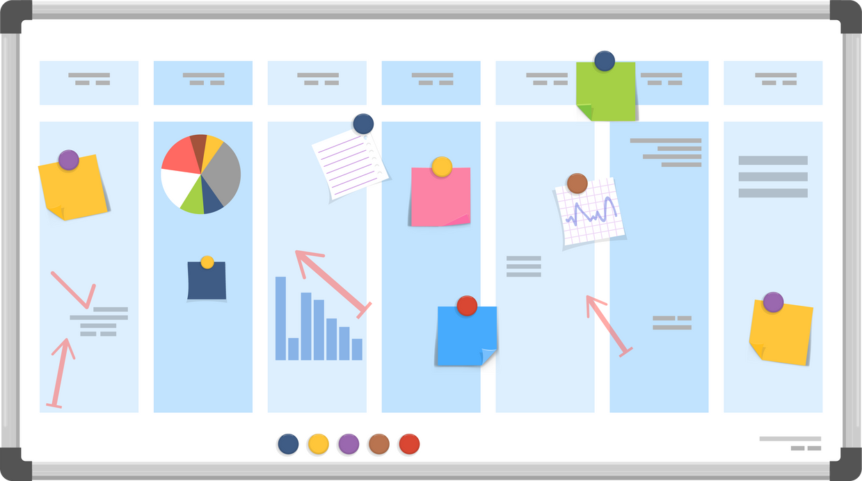 Kanban board with business strategy. Cartoon plan stickers